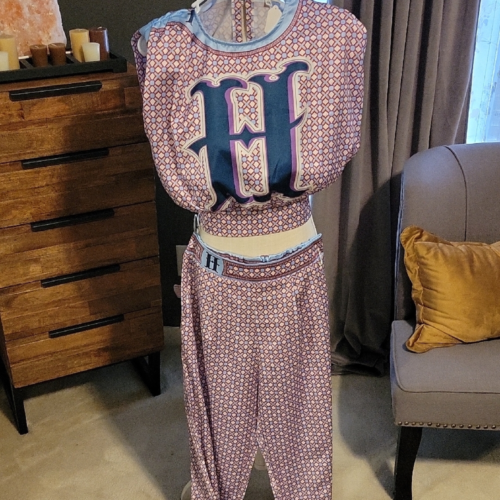 Blue and Purple Pattern Pant Set. Satin Material.